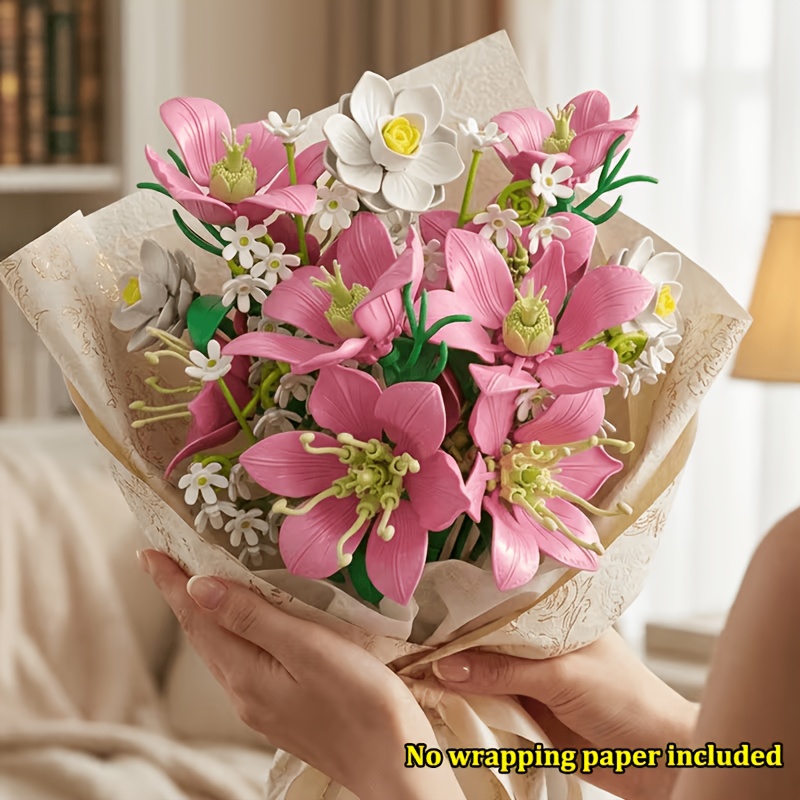 Pink Lily and Daffodil Building Block Bouquet Set, Home Decor